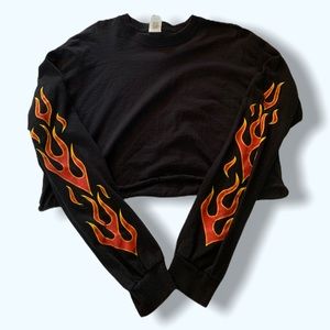 Black long sleeve crop top with fire design